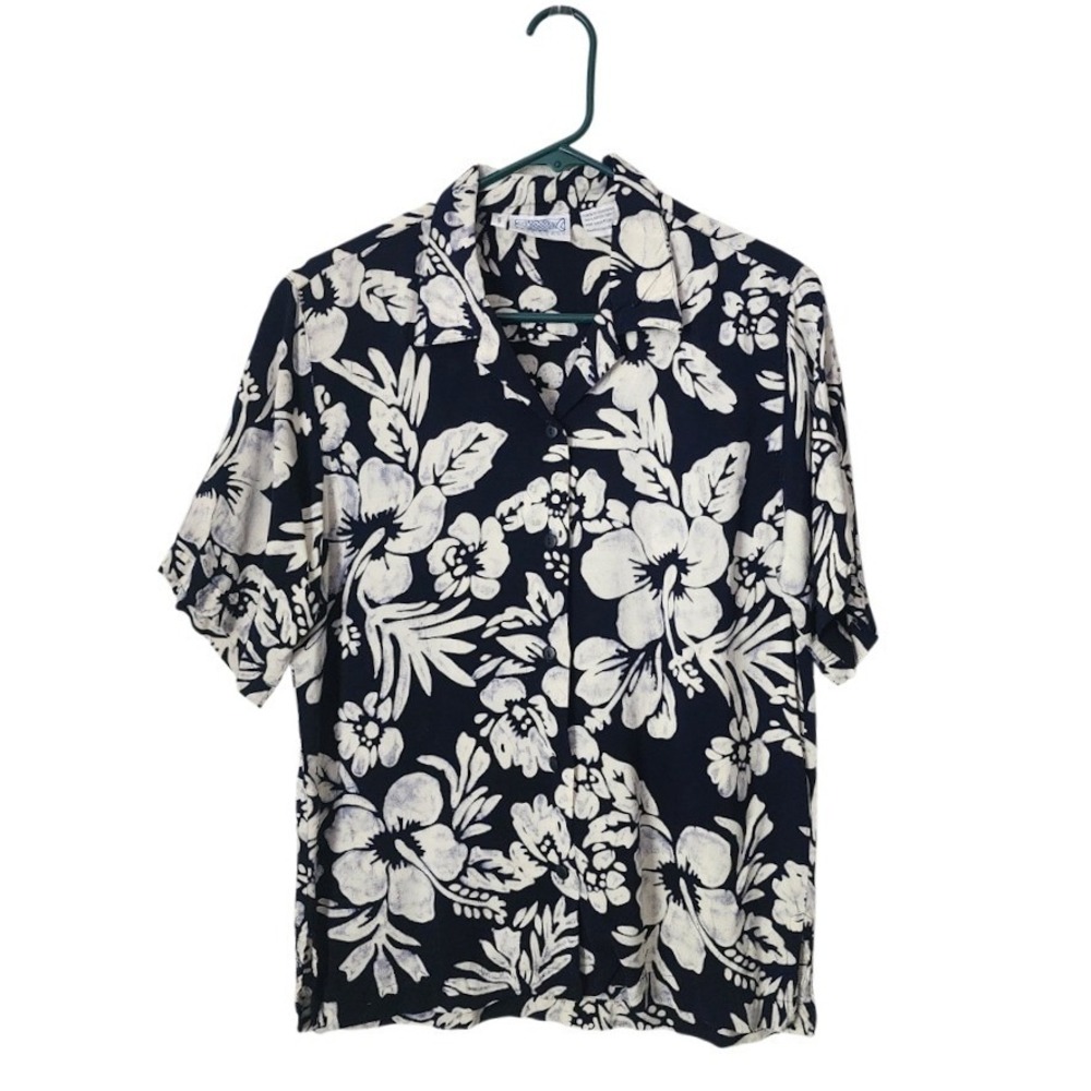 BACK EAST Hawaiian Floral Rayon Camp Shirt Navy Tropical Size‎ S